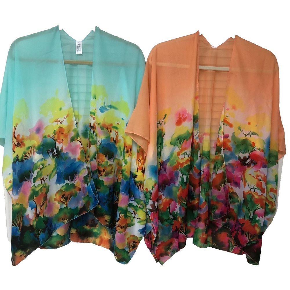 LOT OF 2 Scarf Poncho Topper Womens‎ Water Color Sheer Floral Fairy OS Feminine